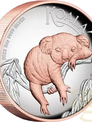 5 Unzen Silbermünze Australien Koala 2022 – High Relief – polierte Platte – rosè vergoldet | Auf Lager