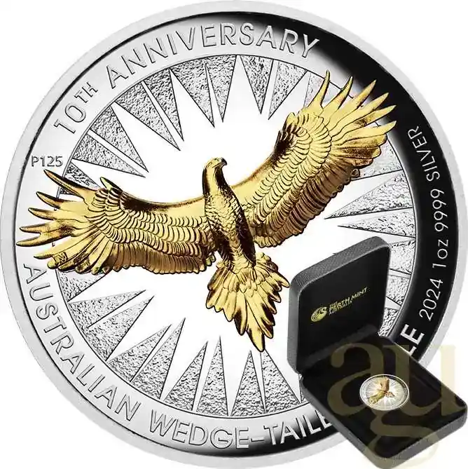 1 Unze Silbermünze Australien Wedge Tailed Eagle 10th Anniversary 2024 High Relief – teilvergoldet | Ausverkauf