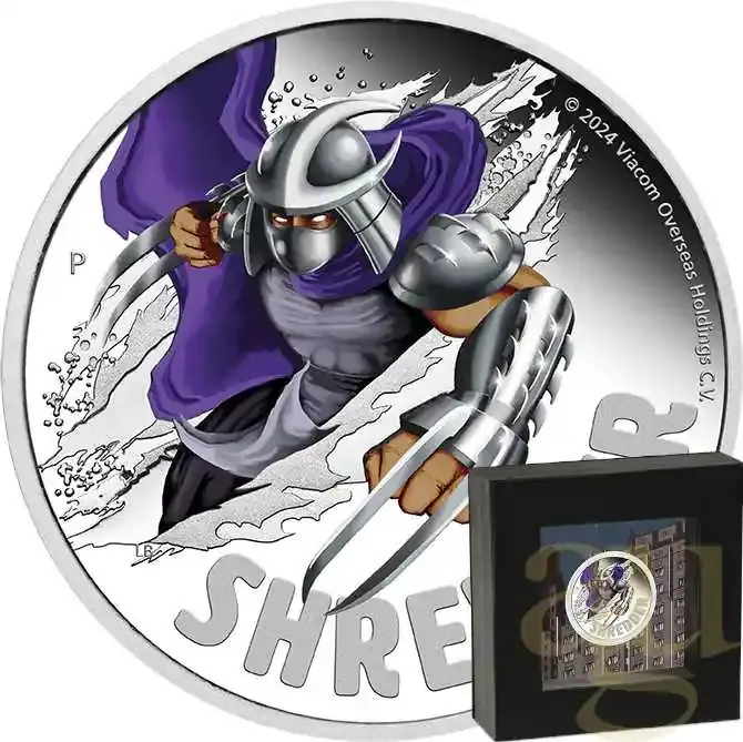 Preis gesenkt - 1 Unze Silbermünze Tuvalu Teenage Mutant Ninja Turtles Shredder coloriert – polierte Platte