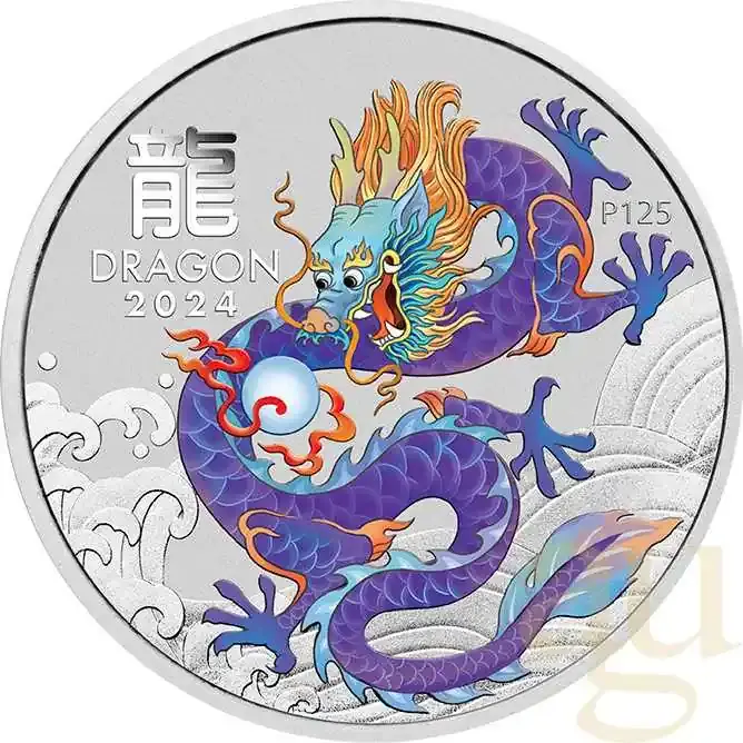 1 Unze Silbermünze Australien Lunar III Drache 2024 violett coloriert - Aktionspreis