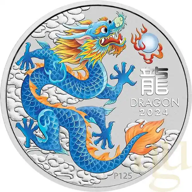 1 Unze Silbermünze Australien Lunar III Drache 2024 blau coloriert | Sehr gut bewertet