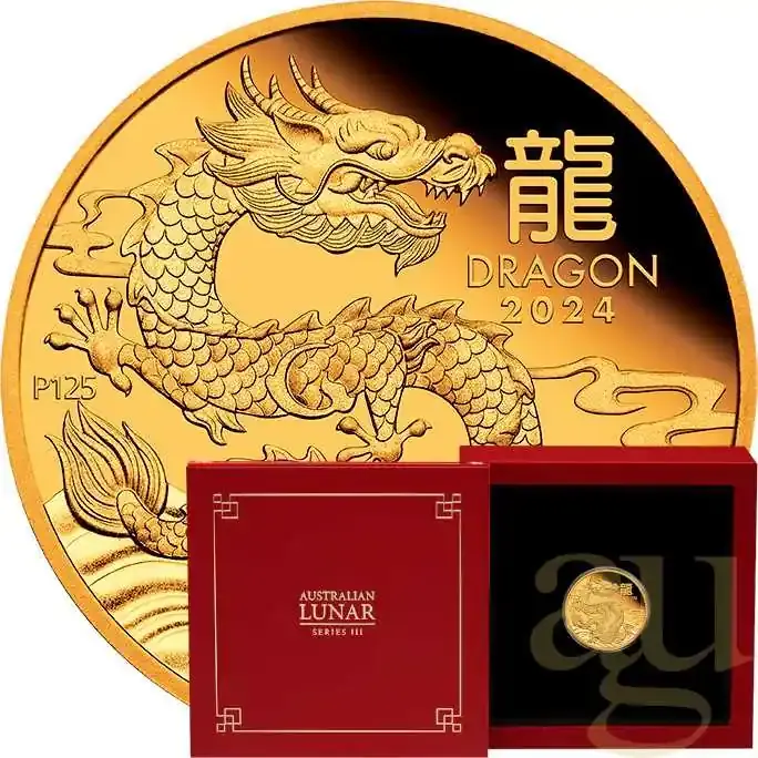 Extra sparen | 1/10 Unze Goldmünze Australien Lunar III Drache 2024 – polierte Platte