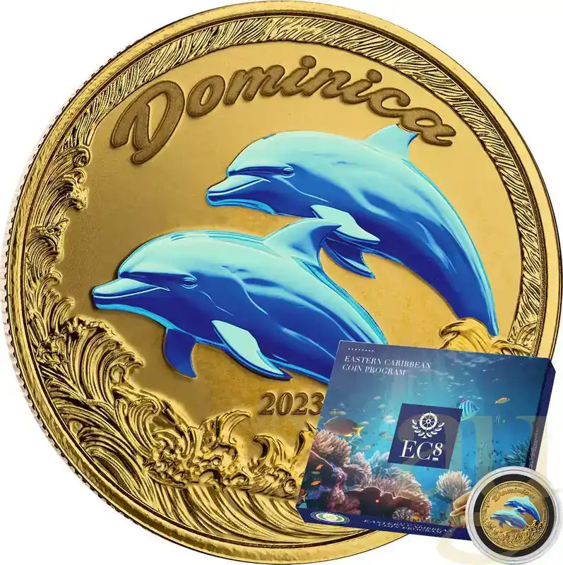Begrenztes Angebot - 1 Unze Goldmünze EC8 Dominica – Delfin 2023 – coloriert