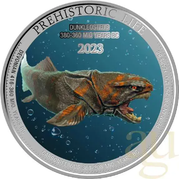 Top-Preis - 1 Unze Silbermünze Prehistoric Life – Dunkleosaurus 2023 coloriert