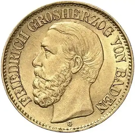 Sichere Zahlung - 10 Mark Goldmünze Friedrich Grossherzog von Baden J186 (1875-1888)