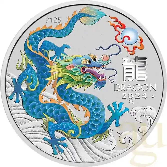 1 Unze Silbermünze Australien Lunar III Drache 2024 türkis coloriert | Online bestellbar