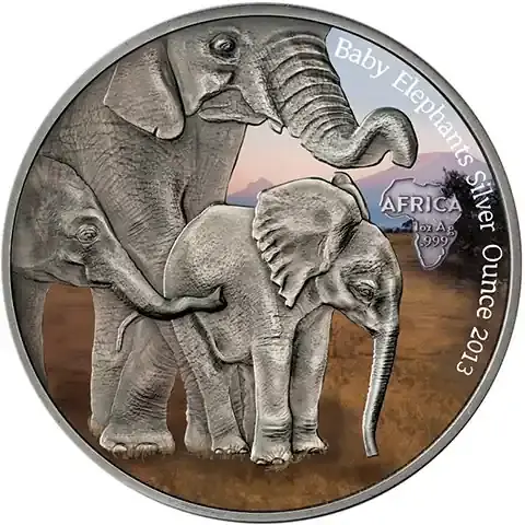1 Unze Silber 2013 Elefanten – Afrika Antique Finish Silver Ounce in Farbe | Neu im Sortiment