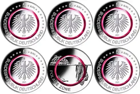 Komplettsatz Deutschland 5 Euro 2021 Polare Zone Münzzeichen A-D-F-G-J - Hochwertig