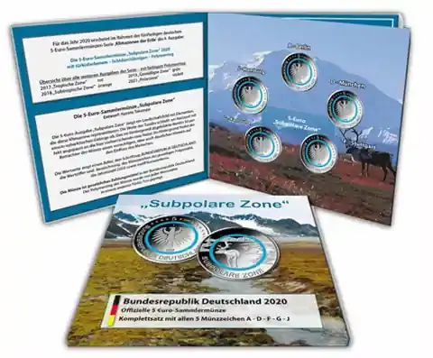 Jetzt sichern | Komplettsatz Deutschland 5 Euro 2020 Subpolare Zone A-D-F-G-J im Folder