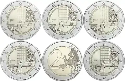 Bestseller - Deutschland 5 x 2 Euro 2020 Kniefall von Warschau – Münzzeichen ADFGJ