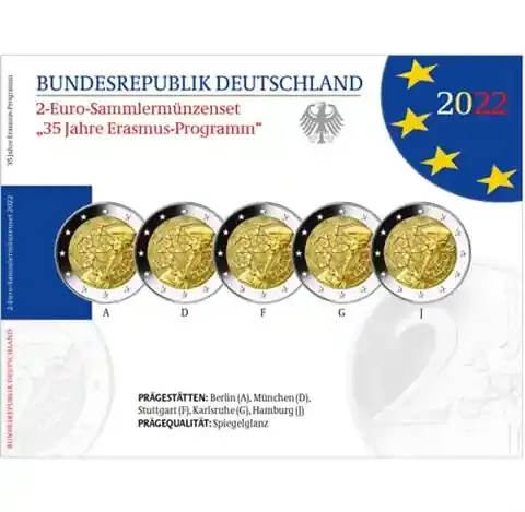 Einfache Rückgabe | Deutschland 5 x 2 Euro 2022 Polierte Platte – Erasmus-Programm – im Folder