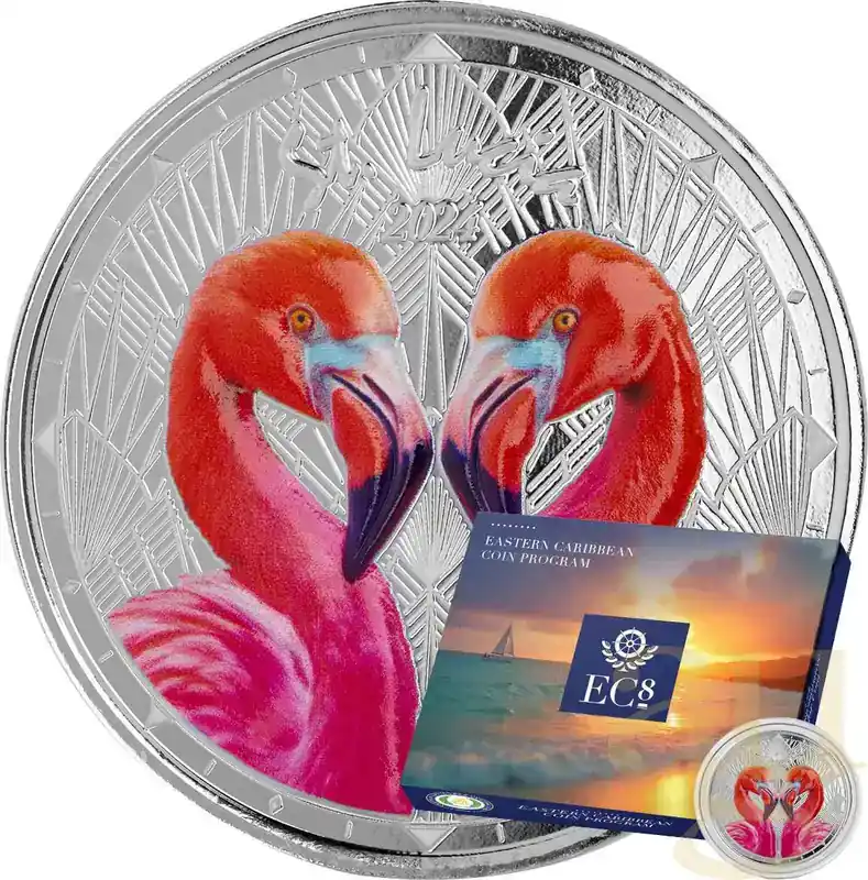 1 Unze Silbermünze EC8 St.Lucia – Flamingos 2024 – coloriert - Beliebt