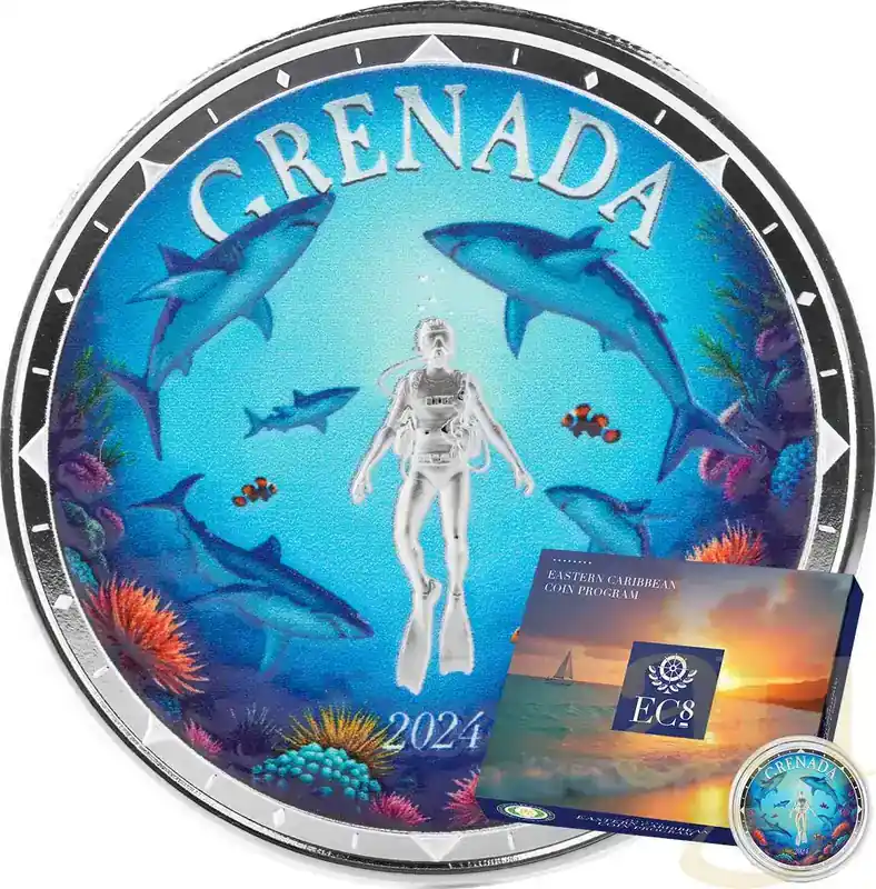 1 Unze Silbermünze EC8 Grenada – Shark Diver 2024 – coloriert | Vorteilspreis