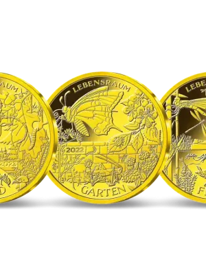 3er Komplettsatz Goldprägungen „Lebensraum Garten“, „Wald“, „Fluss“ | Schnäppchen