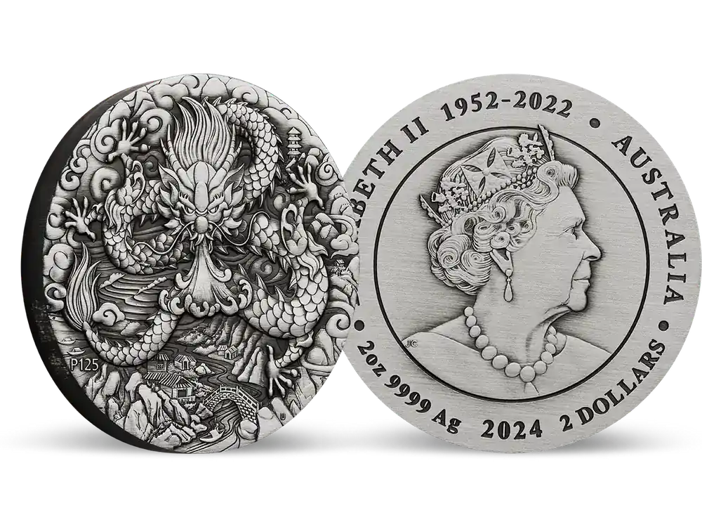 Silbermünze „Jahr des Drachen“ 2 Unzen – Antique Finish – Australien 2024 | Aktionspreis