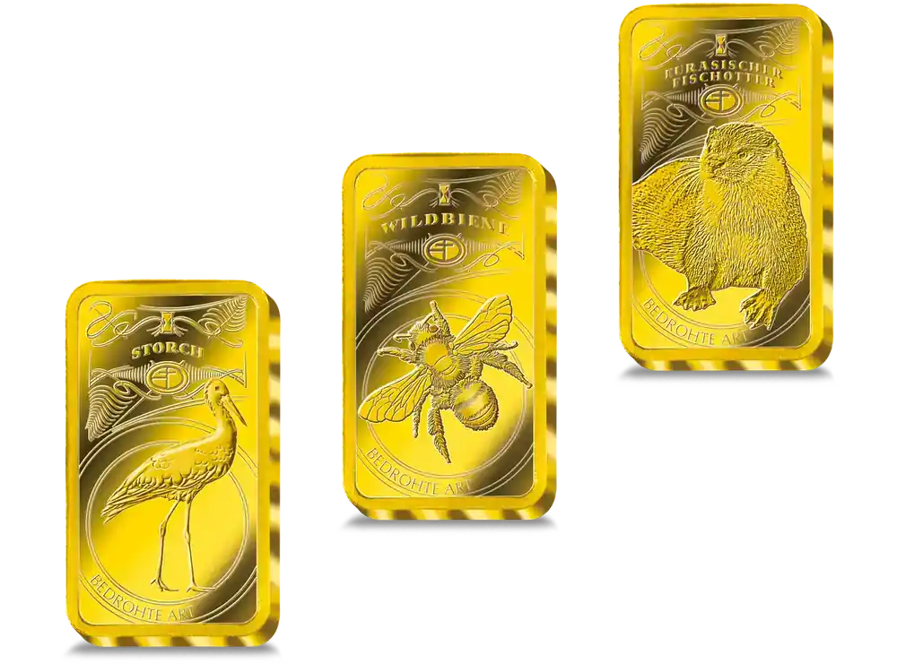 Bedrohte deutsche Tiere auf reinsten Goldbarren - Top-Angebot
