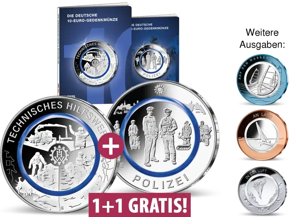 Zum Sammlungsstart Deutschlands offizielle 10-Euro-Münzen 2024 „Polizei“ + 2025 „Technisches Hilfswerk“ mit Polymer-Sicherheitstechnik | Sofort bestellen