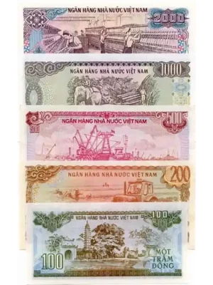 Extra sparen - 5er-Satz von 5 nordvietnamesischen Dong-Banknoten