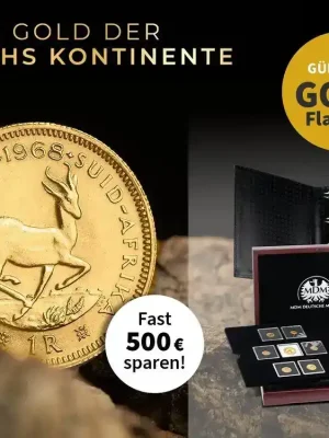 Extra-Rabatt | Die bedeutendsten Goldmünzen von 6 Kontinenten – Start 1 Rand Südafrika