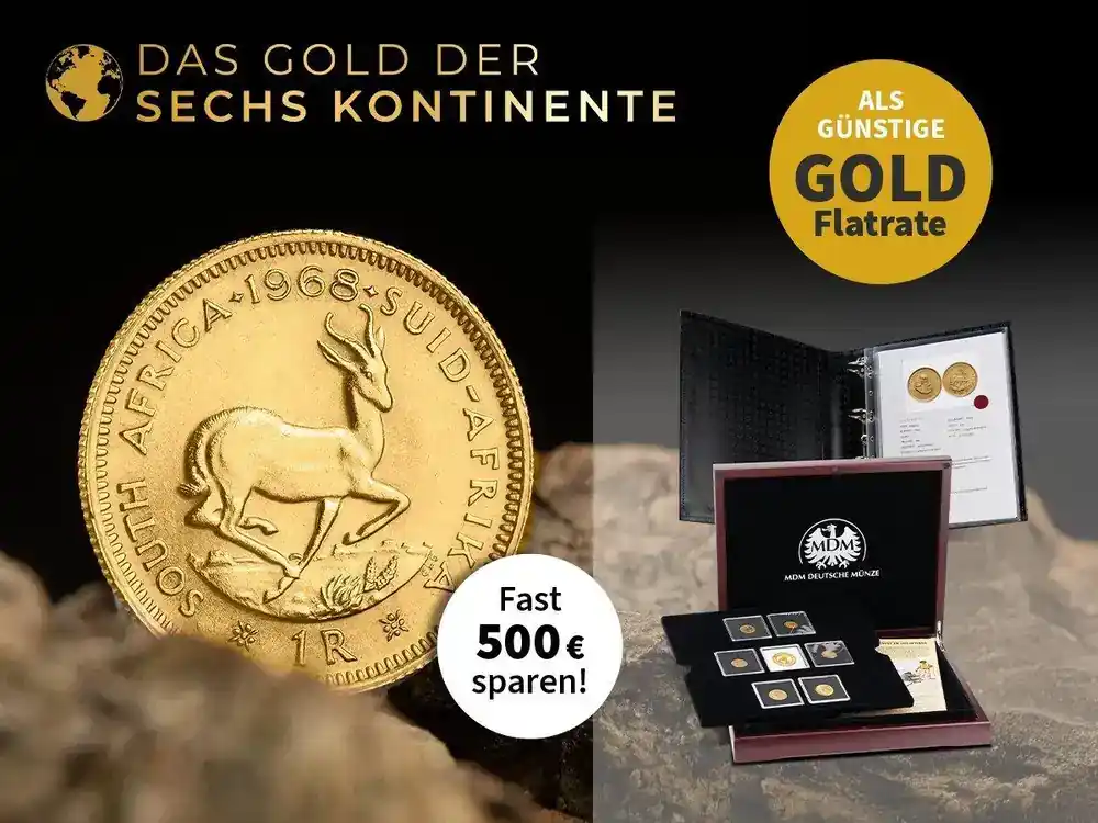 Extra-Rabatt | Die bedeutendsten Goldmünzen von 6 Kontinenten – Start 1 Rand Südafrika