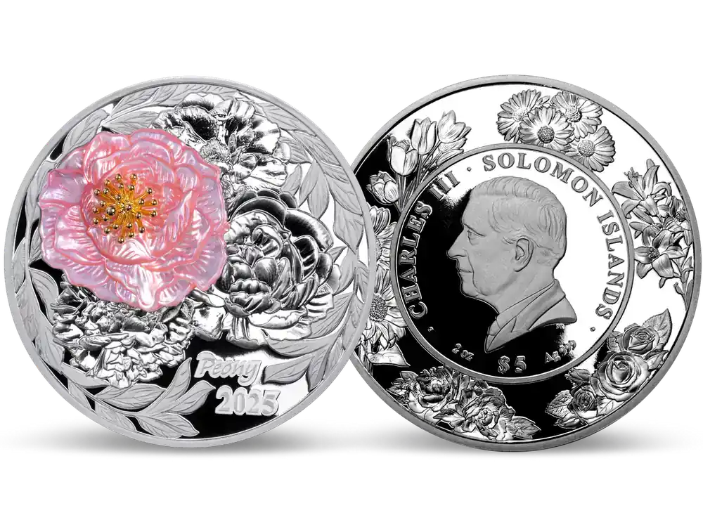 Bezaubernde 3D-Silbermünze mit Perlmutt „Pfingstrose/Peony“ – 2 Unzen | Hochwertig