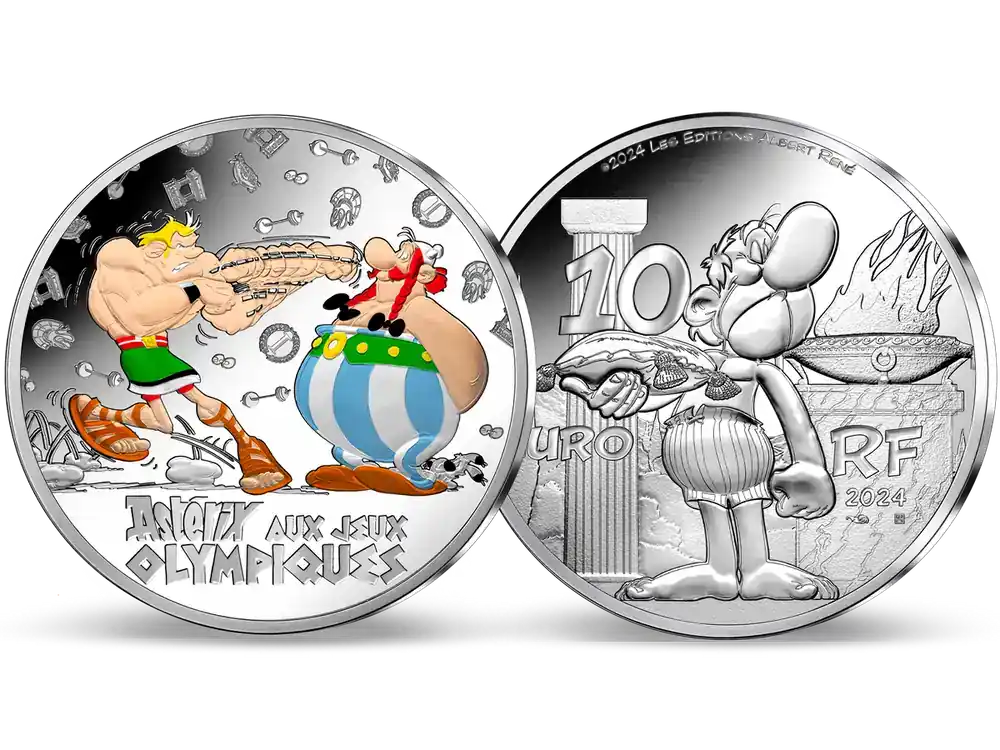 Hohe Qualität | Frankreichs Silber-Gedenkmünze mit Farbe „Asterix bei den Olympischen Spielen“