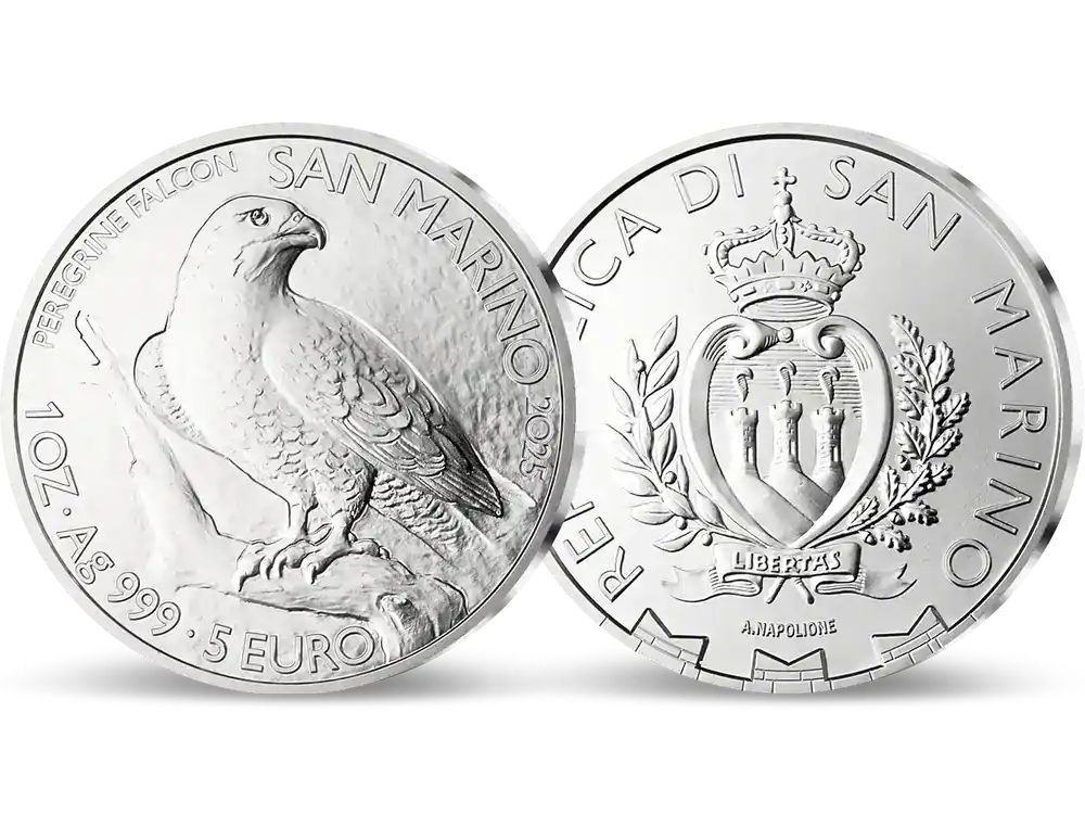 Rabatt - San Marino 2025 5 Euro-Silber-Anlagemünze „Wanderfalke“