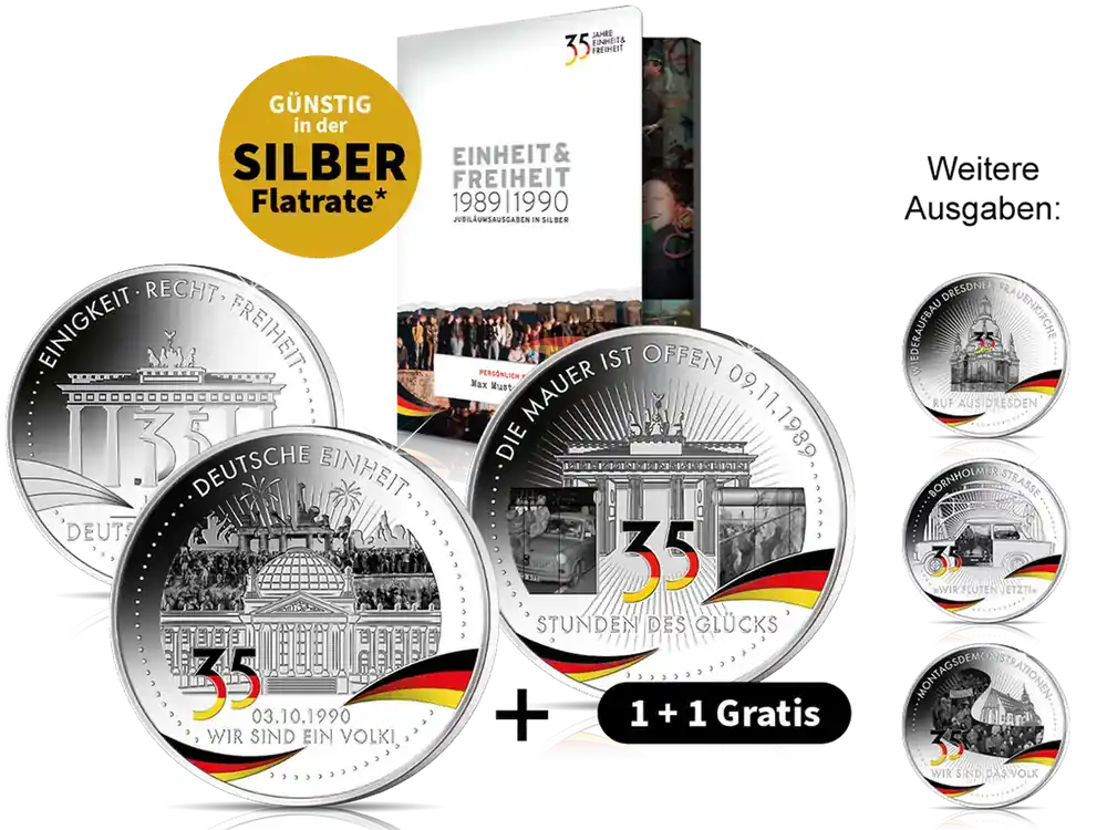 Top-Qualität - „35 Jahre Einheit & Freiheit“ Start Silber-Prägungen Mauerfall + Einheit