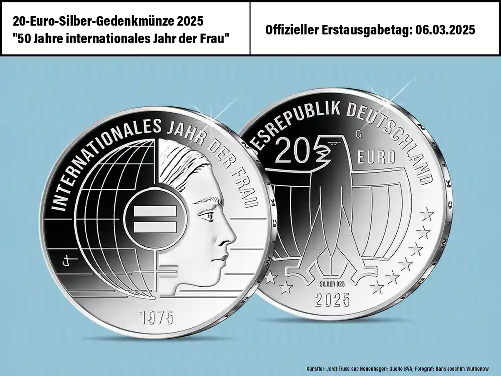 Top-Qualität | Deutschlands 20-Euro-Silber-Gedenkmünze „50 Jahre Internationales Jahr der Frau“ – Stempelglanz
