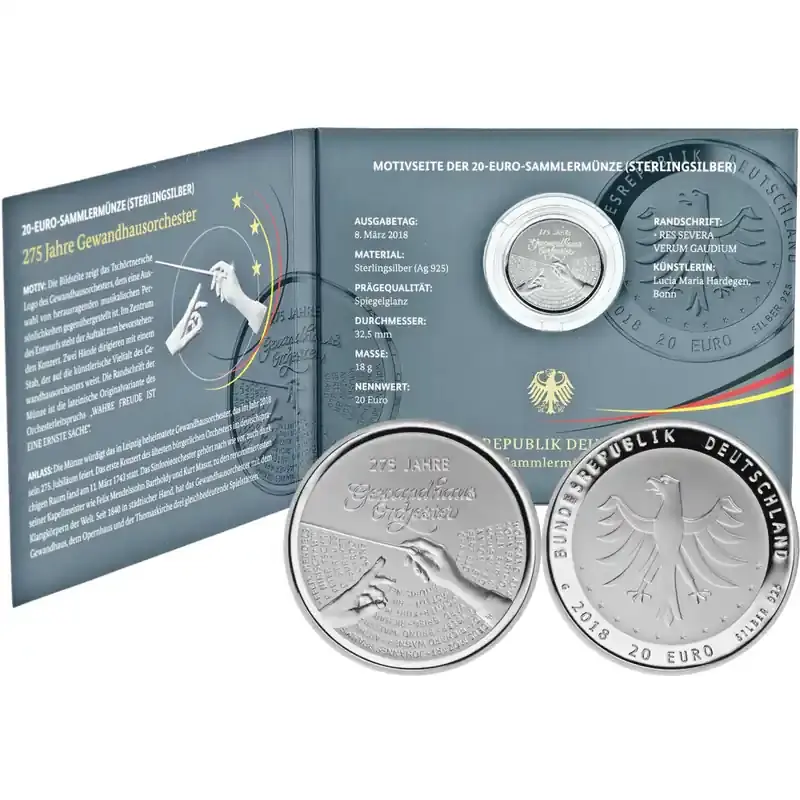 Einfache Rückgabe | 20 Euro Deutschland 2018 Silber PP – 275 Jahre Gewandhausorchester