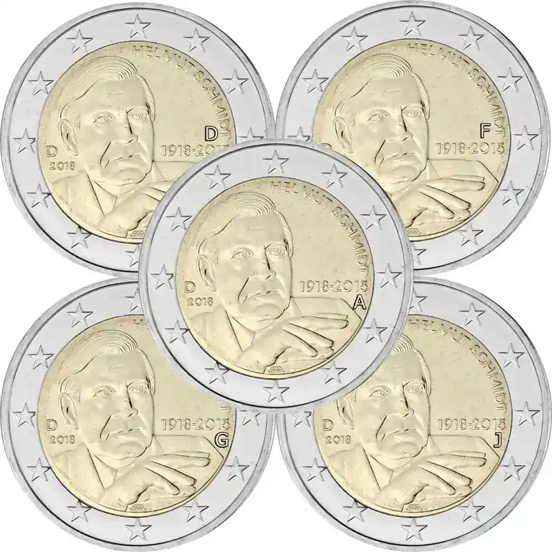 5 x 2 Euro Gedenkmünze Deutschland 2018 bfr. – Helmut Schmidt (A-J) - Neues Produkt