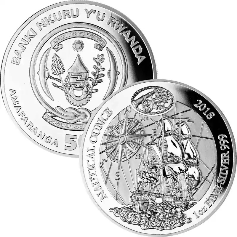 50 Francs Ruanda 2018 – 1 Unze Silber PP – Nautical Ounce Endeavour - Hohe Qualität