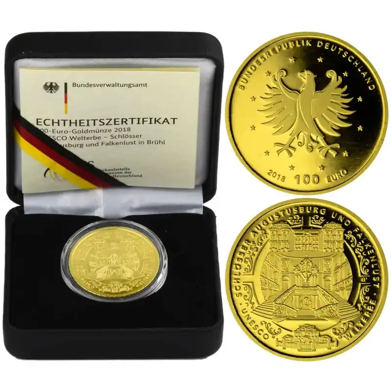 100 Euro Deutschland 2018 Gold st – UNESCO Schlösser Augustusburg und Falkenlust in Brühl | Versandbereit