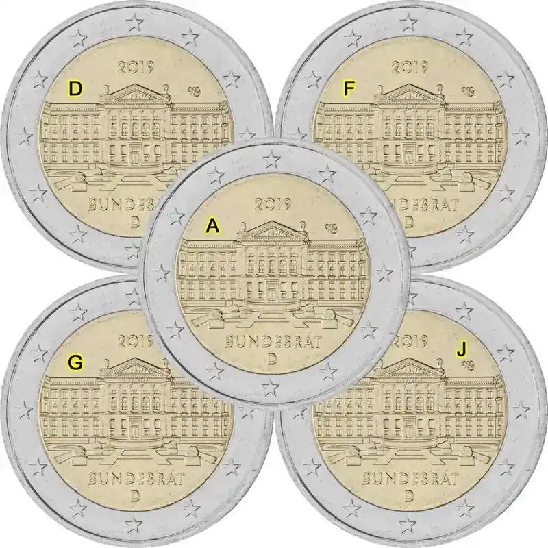 Neu eingetroffen - 5 x 2 Euro Gedenkmünze Deutschland 2019 bfr. – Bundesrat (A-J)