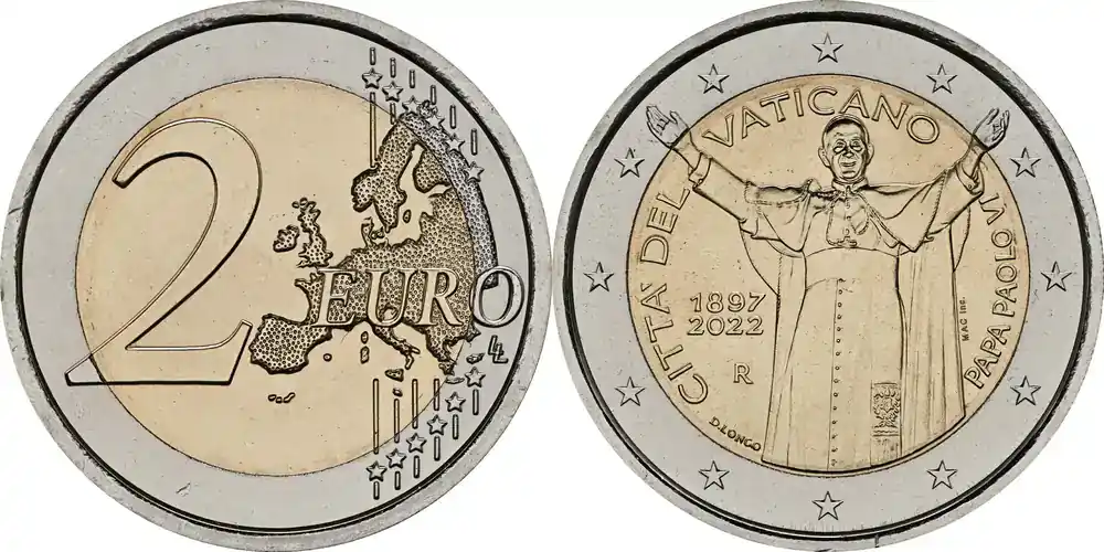 Schneller Versand - 2 Euro 125. Jahrestag der Geburt von Papst Paul VI. 2022 bfr Vatikan