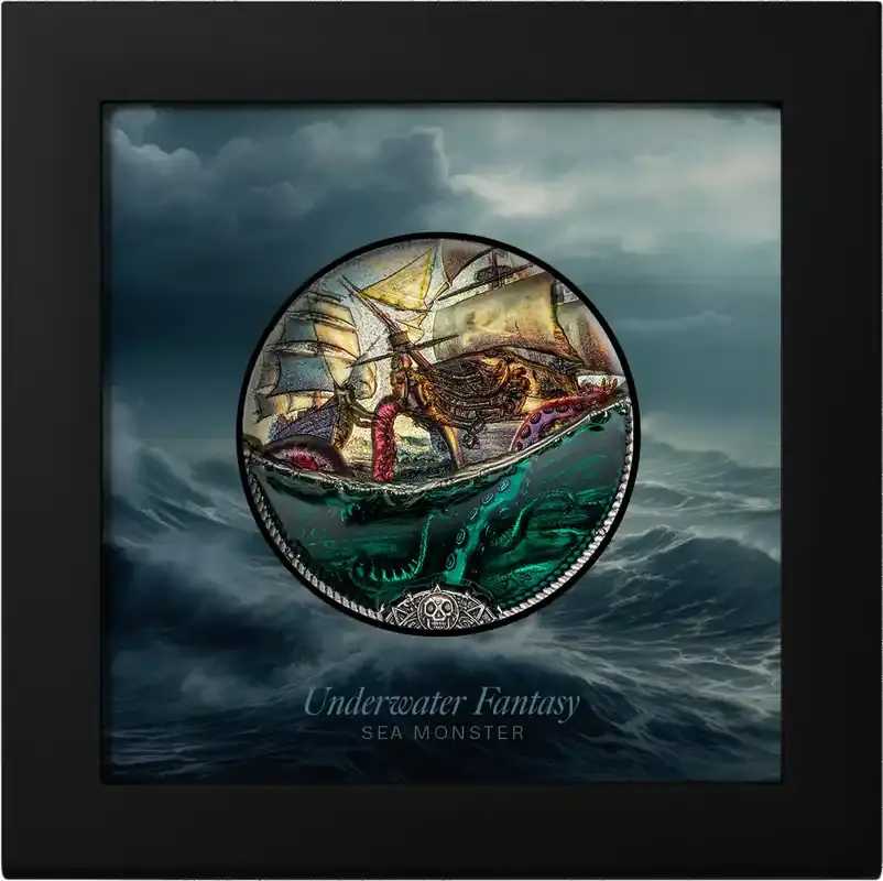 Sonderangebot | Cook Islands 2025 20 Dollar Unterwasser-Fantasie – Seeungeheuer – Antik Finish Stgl.
