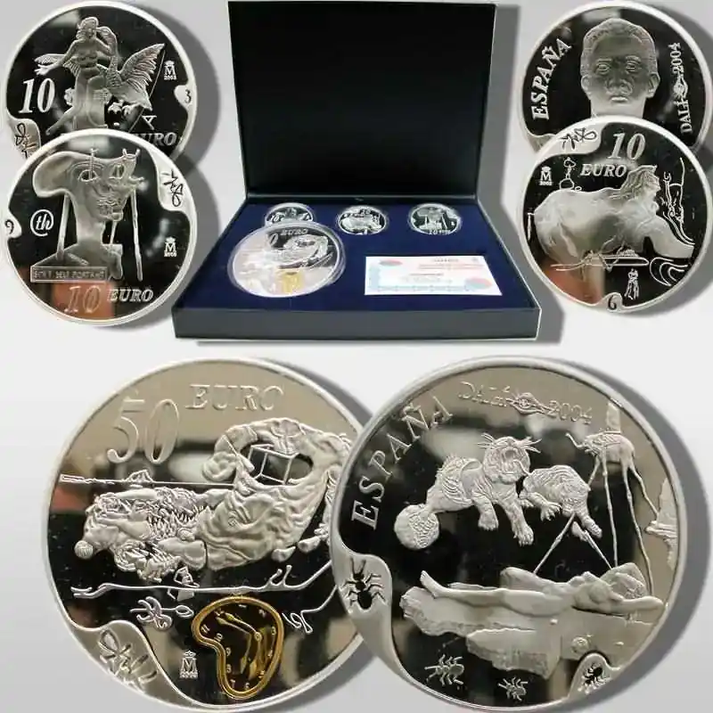 Spanien 2004 80 Euro Silber-Komplettset enthält 3×10 Euro + 1×50 Euro „Traum, verursacht durch den Flug einer Biene um einen Granatapfel, eine Sekunde vor dem Aufwachen“ inkl. Originaletui und Zertifikat PP | Angebot