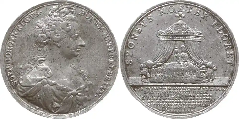 Brandenburg-Preußen Zinngussmedaille 1708 v. Christian Wermuth, Sophie Dorothea v. Braunschweig-Lüneburg im Wochenbett Sehr selten, sehr schön – vorzüglich, min. gew. | Abverkauf