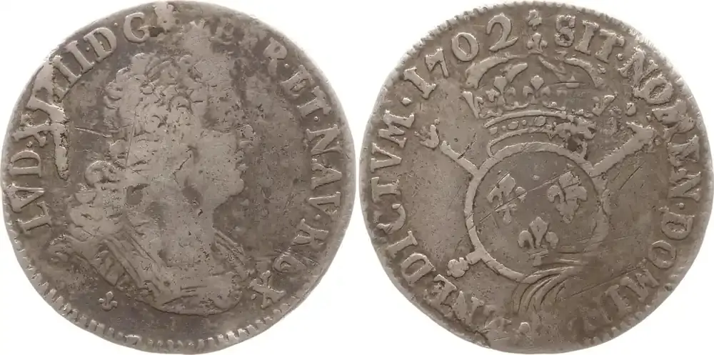 Frankreich, Königreich 1/4 Ecu aux insignes 1702 K Ludwig XIV., 1643 – 1715, Bordeaux, Mmz. Lilie Selten, schön – sehr schön, dunkle Patina - Preisvorteil