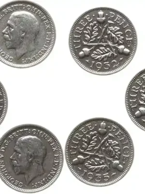 Zertifiziert | Großbritannien 3 Pence, Lot 5 Stück George V., 1910 – 1936, Serie 1932 – 1936 komplett Meist vorzüglich