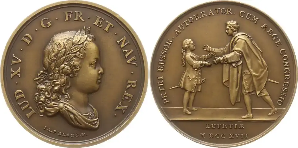 Frankreich, Königreich Bronzemedaille 1717 (20. Jh.) Ludwig XV., v. Le Blanc, auf den Besuch von Peter dem Großen in Paris Sehr selten, vorzüglich, mattiert, winz. RF | Top-Qualität