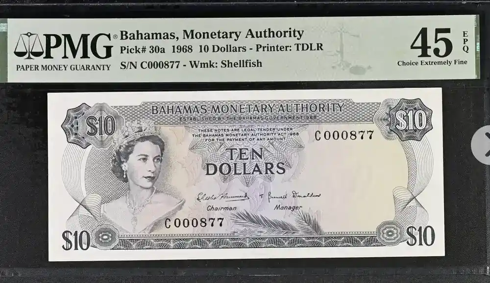 Bahamas 10 Dollars 1968 Very Scarce!! PMG 45 - Qualitätsprodukt