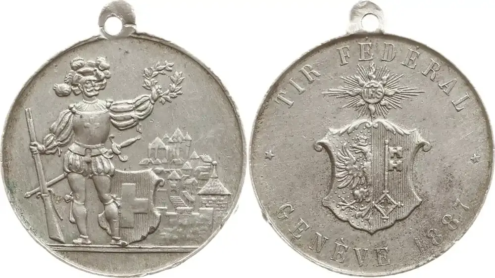Schweiz-Genf Tragbare Schützenmedaille Zinn 1887, R! auf das Bundesschiessen, ohne Signatur Fast vorzüglich, mattiert, kl. RF - Preishit