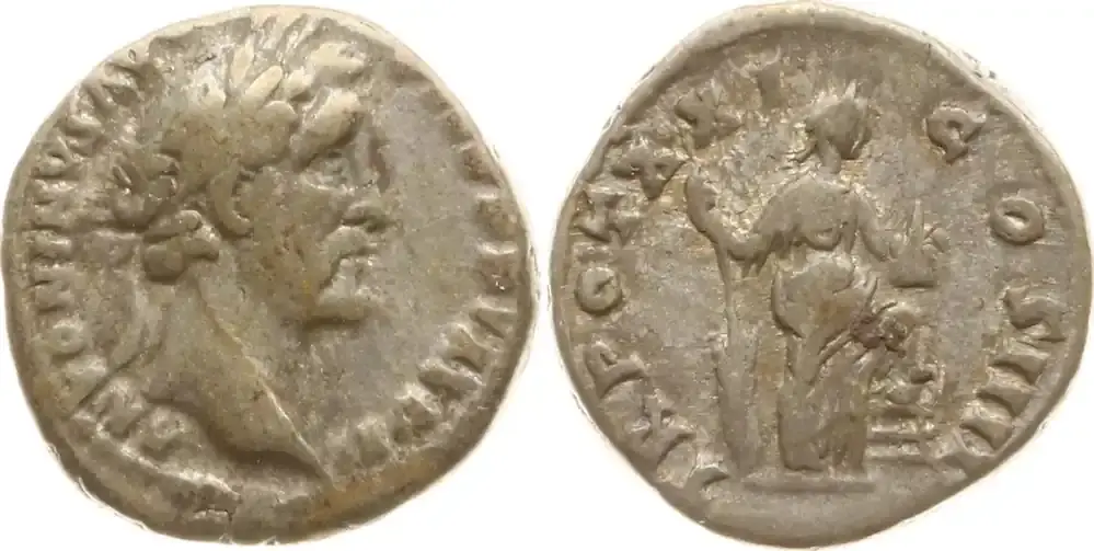 Römische Kaiserzeit Denar 157 – 158 Antoninus Pius, ANTONINVS AVG – PIVS PP IMP II / TR POT XXI – COS IIII Sehr schön, wohl altgetaucht und leicht angelaufen - Geprüfte Qualität