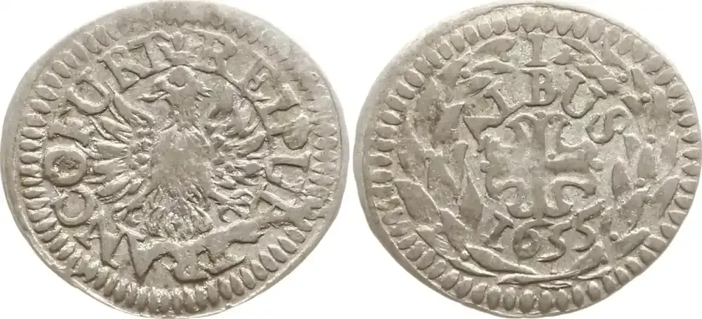 Nur heute - Frankfurt, Stadt Albus 1655, RRR! REIPUB FRANCOFURT ; Verziertes nicht ausgefülltes Kreuz, Wert/Jz. bogenförmig Besser als sehr schön, kl. Stempelfehler