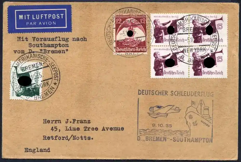 Top bewertet | Briefmarken 1935 Katapult Dt. Reich Dampfer Bremen Seepost England 218 c Catapult / 907