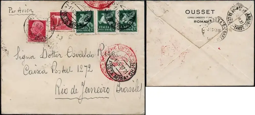 Briefmarken Katapult 1937 Italien Brief Rom Marseille Rio de Janeiro Brazil Catapult 551/926 | Sehr gefragt