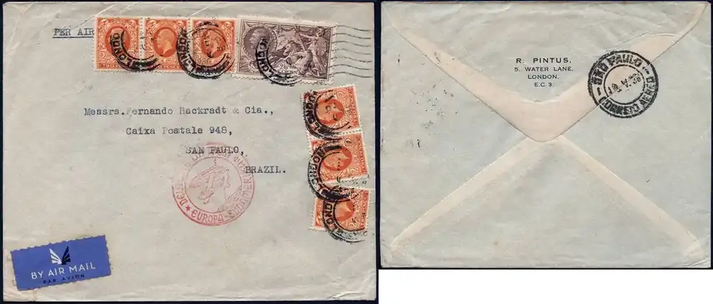 Preis gesenkt | Briefmarken 1936 GB Katapult Brief MiF Seahorse 2/6 London Brasilien Catapult H 463 / 1074