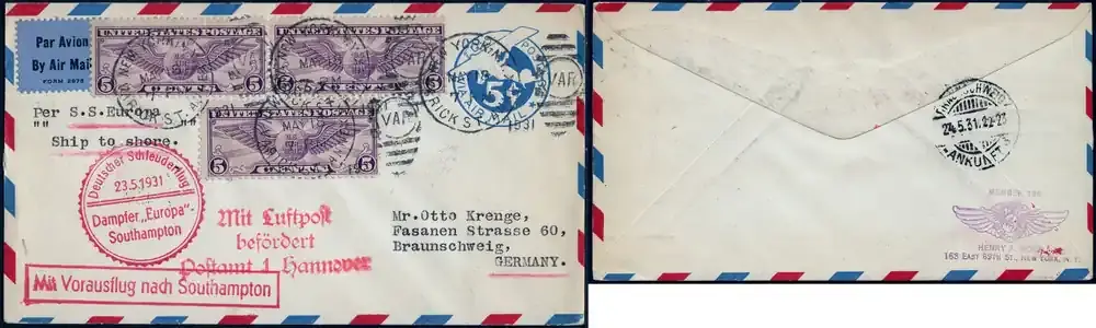 Briefmarken Katapult 1931 USA Ganzsache New York Landpost Braunschweig Catapult H 43 a/1064 - Abverkauf