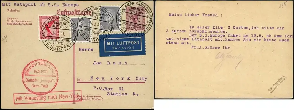 Jetzt neu | Briefmarken Katapult 1931 Dt. Reich Postkarte Dampfer Europa Seepost NY Catapult H 41 b/1146